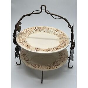 Euro Ceramica 2 Tier Serving Stand Grape Vine Embossed Ceramic Plates Metal Rack
